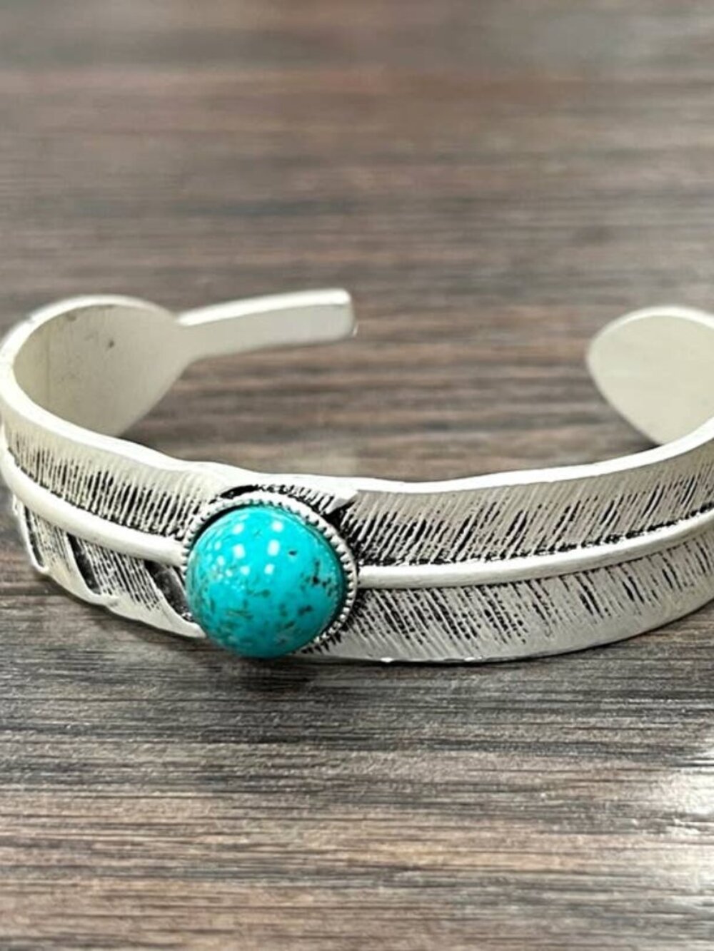 Turquoise Feather Cuff Bracelet Western Boho Rodeo Silver Tone